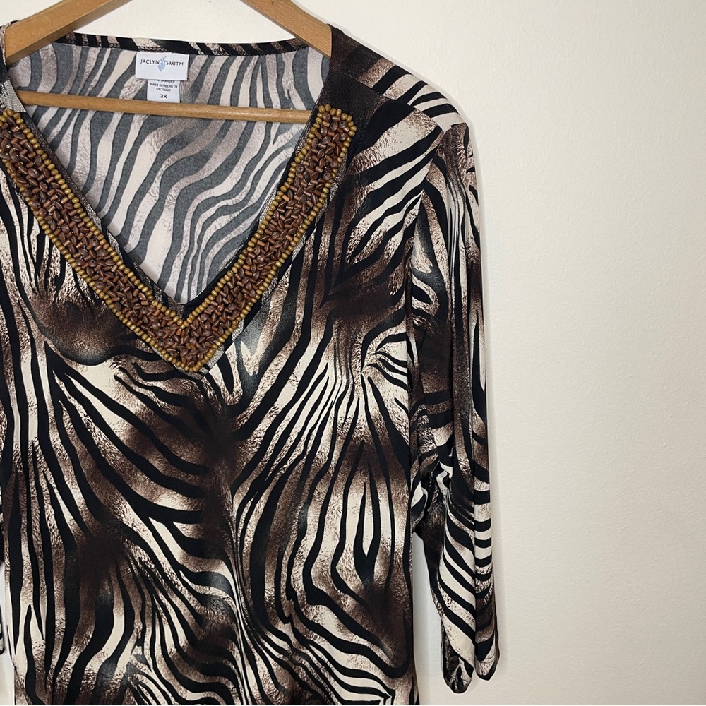 Long Sleeve V Neck 3X Brown Animal Print w/ beading Flowy Top Blouse - Picture 2 of 8